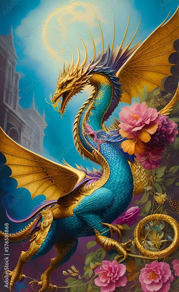 Obraz premium A fabulous dragon and flowers. Generative AI. Fantasy illustration