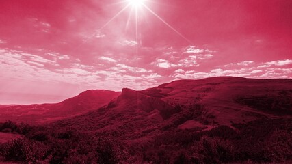 Foto auf Acrylglas Pantone 2023 Viva Magenta Beautiful  day in mountain in Viva Magenta modern color  © BillionPhotos.com