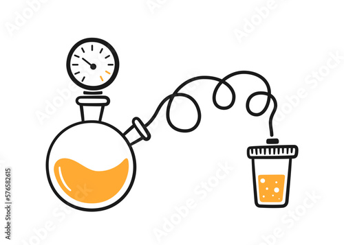 Science laboratory experiment. Lab chemistry test. Hand drawn chemical processes. Doodle vector illustration with lab glass flask, pipleline on white background. photo