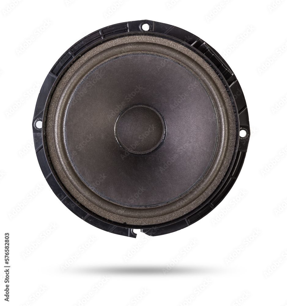 Speaker of an acoustic system an audio for playing music in a car interior on a white isolated background in a photo studio. Spare parts for auto repair in a workshop or for sale for tuning Speaker of an acoustic system an audio for playing music in a car interior on a white isolated background in a photo studio. Spare parts for auto repair in a workshop or for sale for tuning