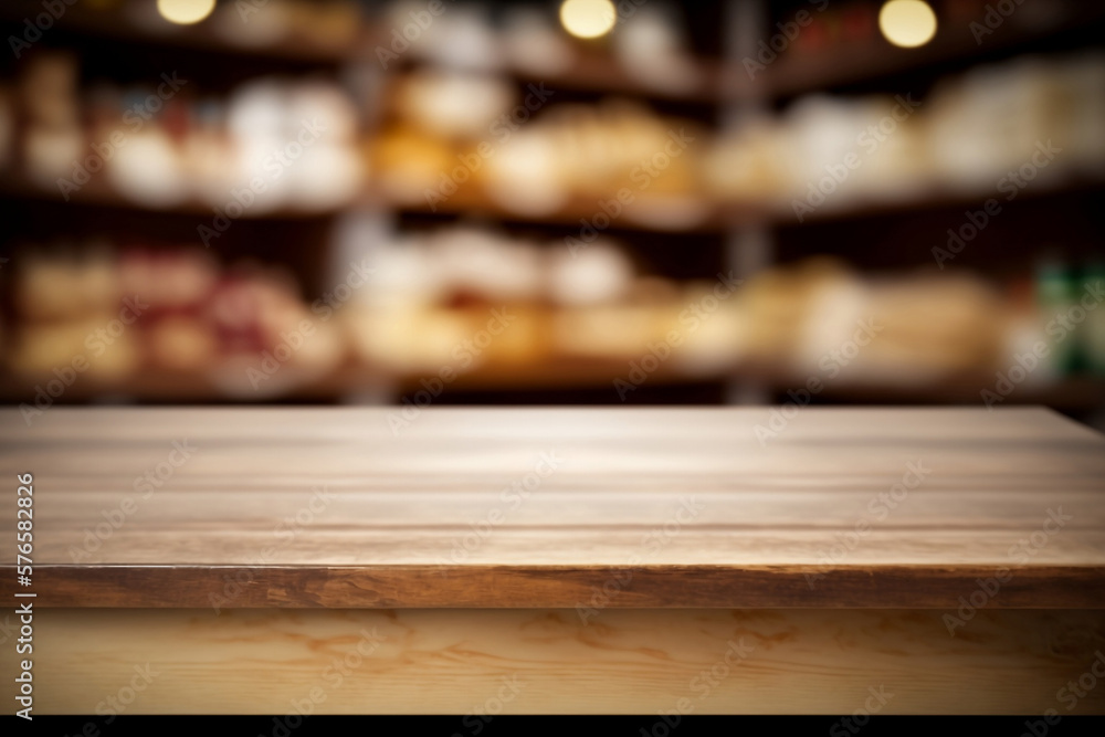 Empty wood table top on shelf, Super market store blurred background, copy space, generative ai