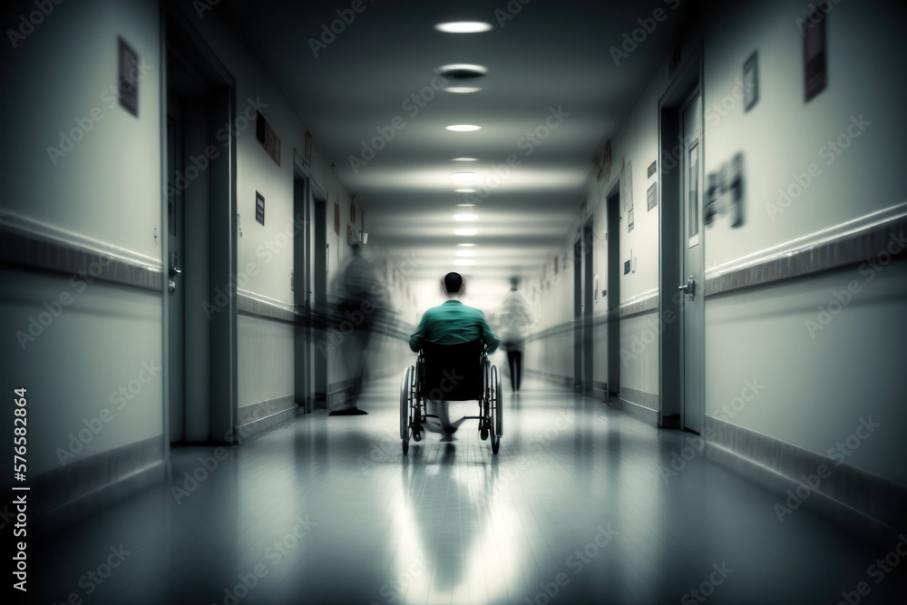Patient on a wheel chair in a hospital corridor. Wheelchair in a nursing home. Generative AI Patient on a wheel chair in a hospital corridor. Wheelchair in a nursing home. Generative AI