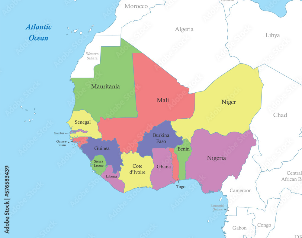 Fototapeta premium map of Western Africa with borders of the states.