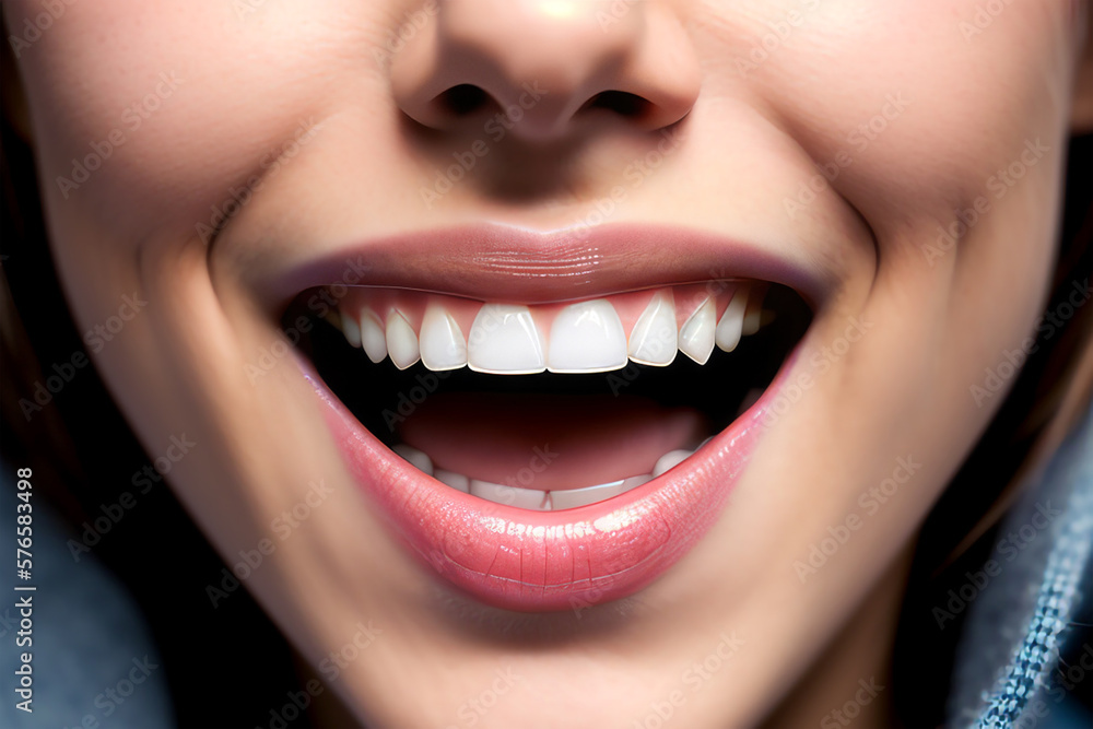 A woman laughing with white beautiful teeth. Close-up. Generative AI. Art. A woman laughing with white beautiful teeth. Close-up. Generative AI. Art.