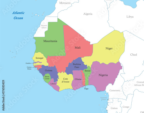 map of Western Africa with borders of the states.
