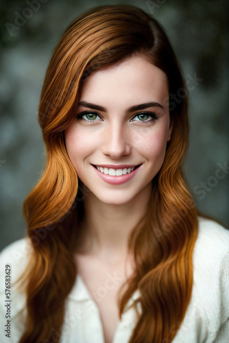 Portrait of a beautiful white-skinned young woman with gray eyes and red hair on a fuzzy gray background. She has a beautiful white-toothed smile. Generative AI. Art.
