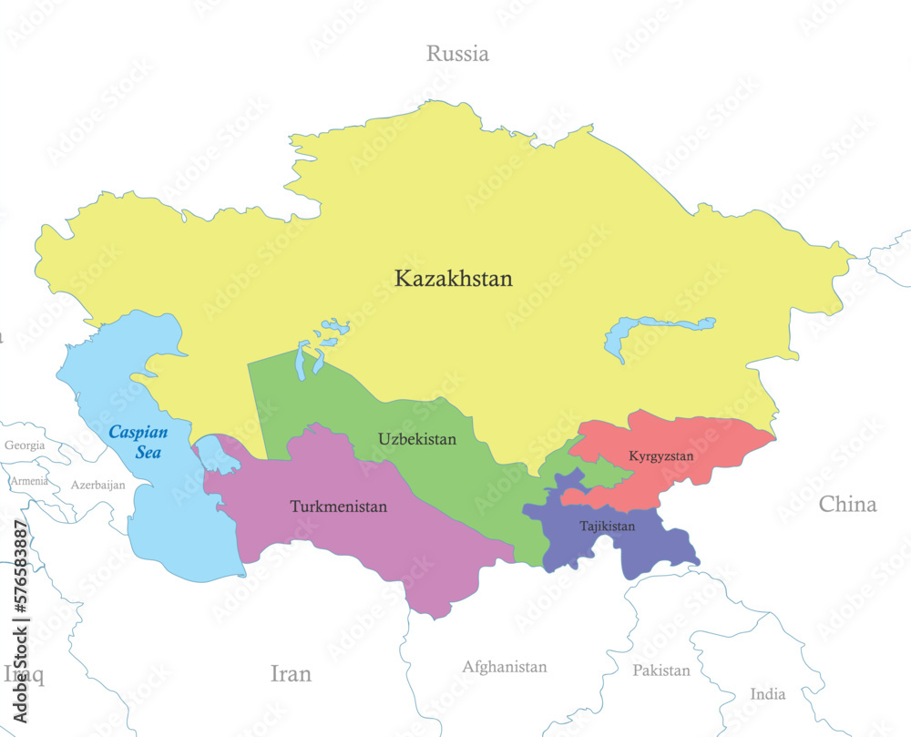 map of Central Asia with borders of the states.