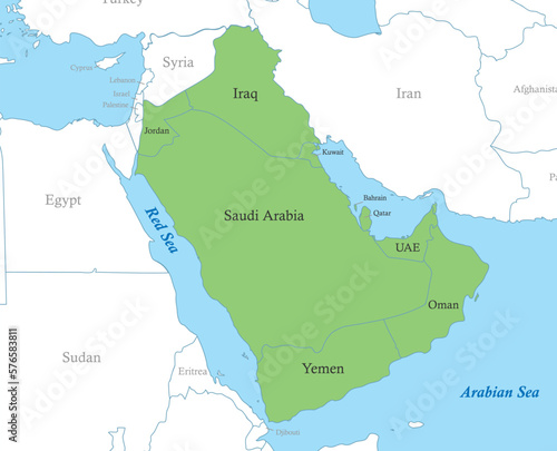 map of Arabian Peninsula with borders of the states.