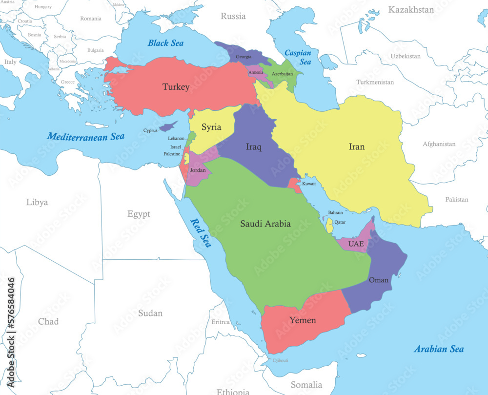 map of Western Asia with borders of the states.