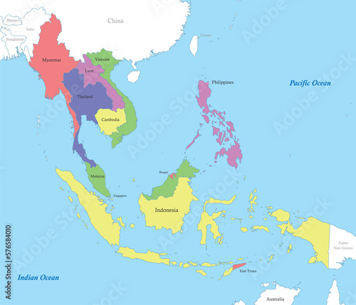 map of Southeast Asia with borders of the states.