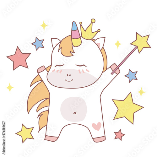 Clipart kawaii and cute baby unicorn as an adorable fairy on white background for kids fashion artworks, children books, birthday invitations, greeting cards, posters. Fantasy cartoon vector.