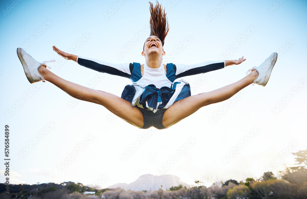 Cheerleader woman, sky and sports performance with smile and energy to ...