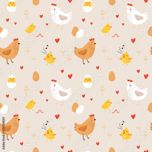 Seamless pattern with rooster, hen and chicks. Chicken with brood. Cute lovely family of domestic fowl or poultry birds. Childish flat cartoon vector illustration.