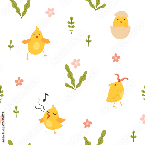 Seamless pattern with cute cartoon chicks. Easter festive illustration. Cute lovely family of domestic fowl or poultry birds. Childish flat cartoon vector illustration.