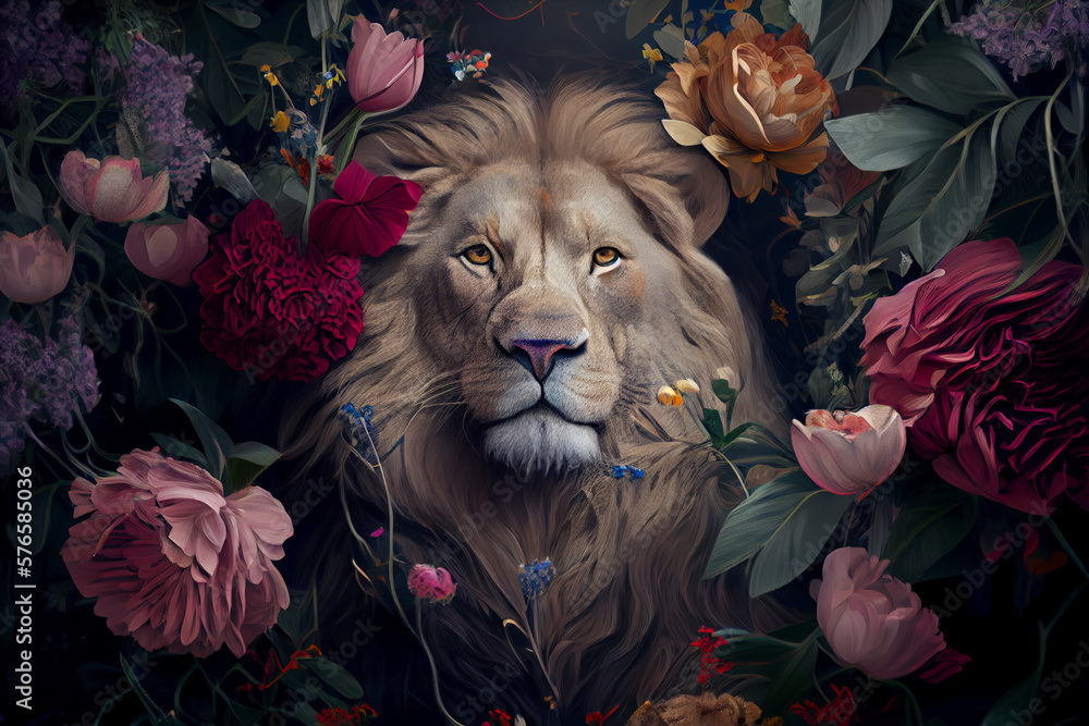 Fototapeta Lion portrait with flowers and leaves. Creative animal portrait. Generative Ai