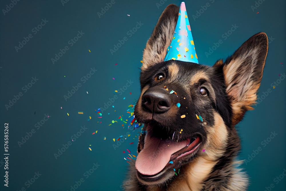 Happy dog wearing party hat. Birthday card background with confetti