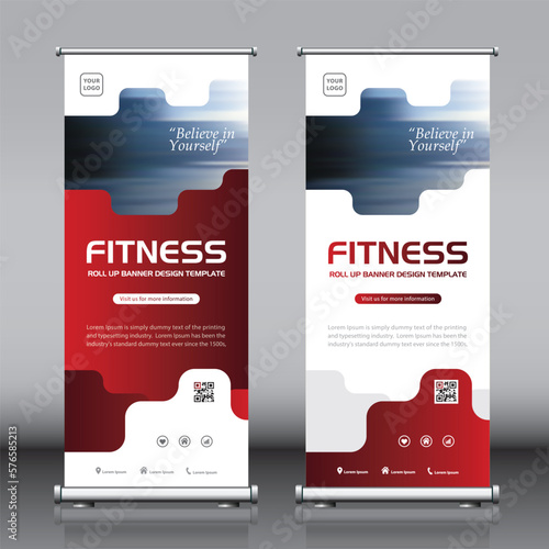 Fitness banner template of vertical roll-up banner with sports and gym theme concept with a photo
