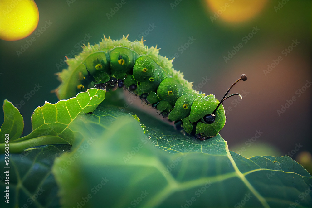Naklejka premium Catepillar eating green vegetable leaf . Close up view on garden pest. Generative Ai