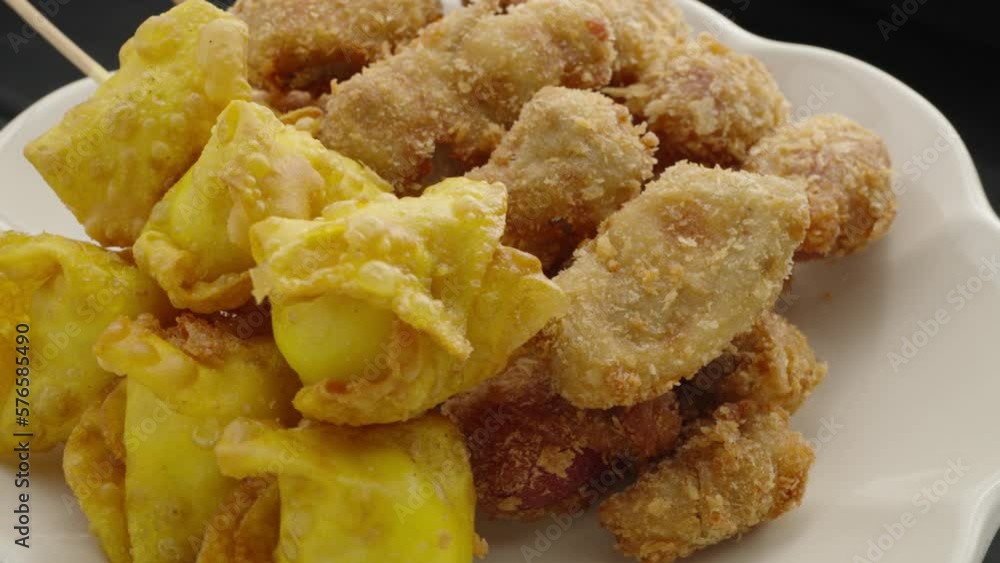 Street food, chicken breaded on a barbecue stick, Junk food, Fried food