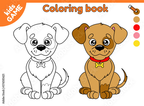 Dog outline and colorful dog. Page of coloring book. Kids game Color the cartoon puppy. Worksheet for preschool and school children. Vector illustration with cute pet animal in childish style.