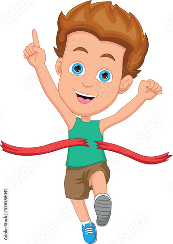 Cartoon boy winning first place in running race competition