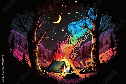 camp fire bright in the night sky artistic doodle style design illustration. colorful neon watercolors. Creative art background. Generative AI
