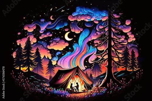 camp fire bright in the night sky artistic doodle style design illustration. colorful neon watercolors. Creative art background. Generative AI