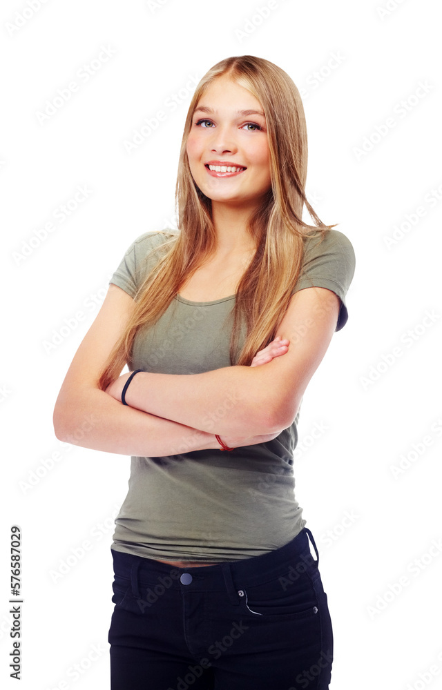 An attractive young female model posing for contemporary style, fashion, and beauty brand posing with arms crossed wearing designer clothing isolated on a png background. An attractive young female model posing for contemporary style, fashion, and beauty brand posing with arms crossed wearing designer clothing isolated on a png background.