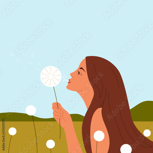 Young woman blowing dandelion in spring field. Happy girl in nature springtime background. Allergy to flowers pollen, making a wish, freedom concept. Vector illustration