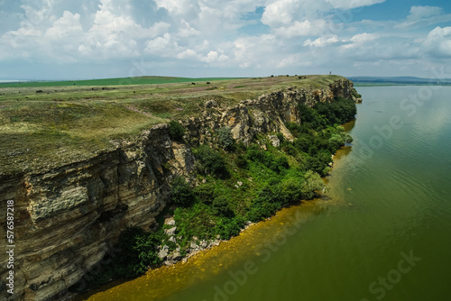 Dolosman Head (Capul Dolosman in Romanian language) and Argamum Fortress landmarks from Dobrogea. Aerial view of this beautiful historical place next to Razim lake in Romania.