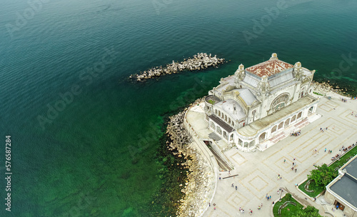 Constanta Cazino landmark building. Aerial view over this iconic architecture construction from Constanta and Black Sea. Travel to Romania. photo