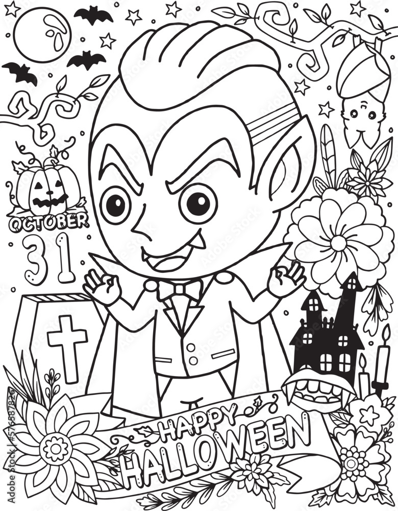 Dracula cartoon and Halloween day elements, pumpkin, bats, and flower decoration. Hand-drawn lines. Doodles art for greeting cards, invitation, or poster. Coloring book for adults and kids.
