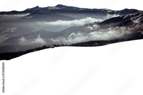 Over clouds mountain peaks and forests isolated PNG photo with transparent background. High quality cut out scene element. Realistic image overlay for website design, layout, social media