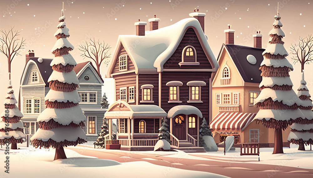 A cartoon-style Christmas village. Generative AI