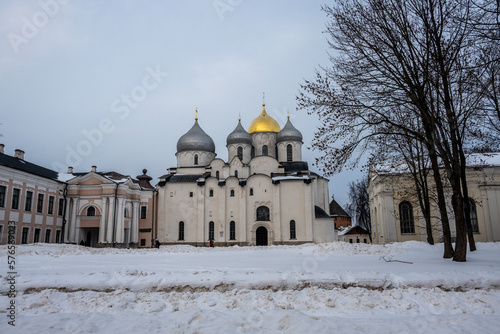 old stone church in the old center in Veliky Novgorod on a winter day