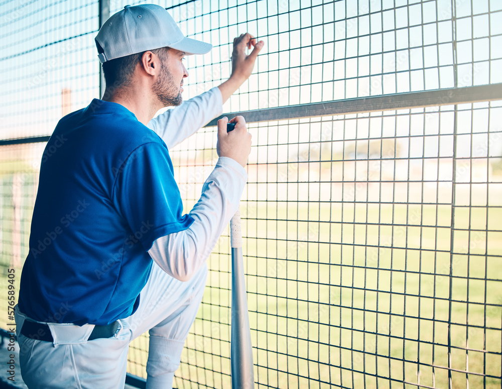 Sports, ready and man watching baseball, training and thinking of a strategy for a game. Fitness, idea and player waiting to start a match, competition or sport on a field for fitness and exercise