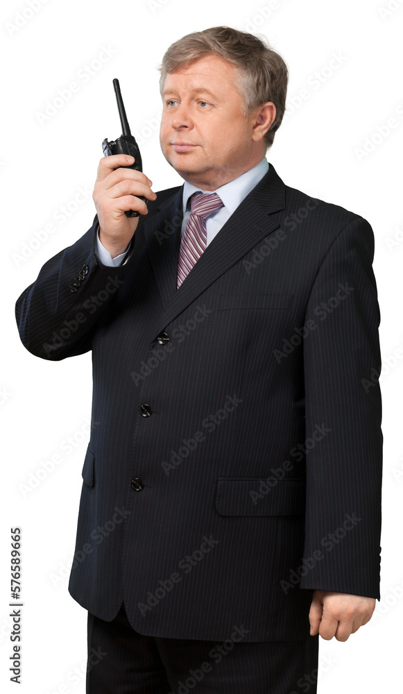 Security guard man staff holding transmitter Security guard man staff holding transmitter
