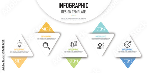 Infographic business template or element as a vector including 5 step, process, point, on white background with colorful triangle shape, triangular model, icons, simple, minimal and modern style