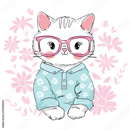 Hand drawn cute cat with glasses on the floral background beautiful funny kids print vector illustration