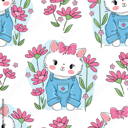 Hand drawn cutecat in a shirt sits in daisies flowers children's print vector illustration, kitten with pink bow and pink flowers kids print seamless pattern photo