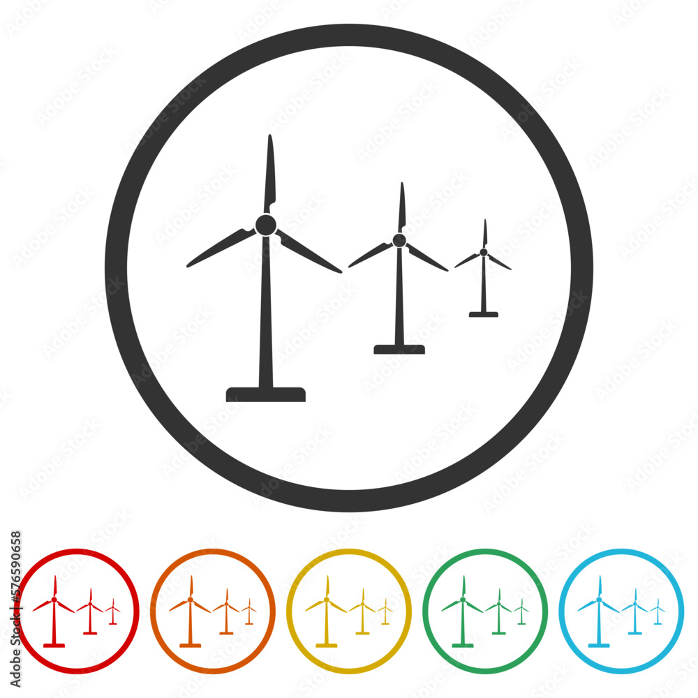 Wind turbine farm icons in color circle buttons Wind turbine farm icons in color circle buttons