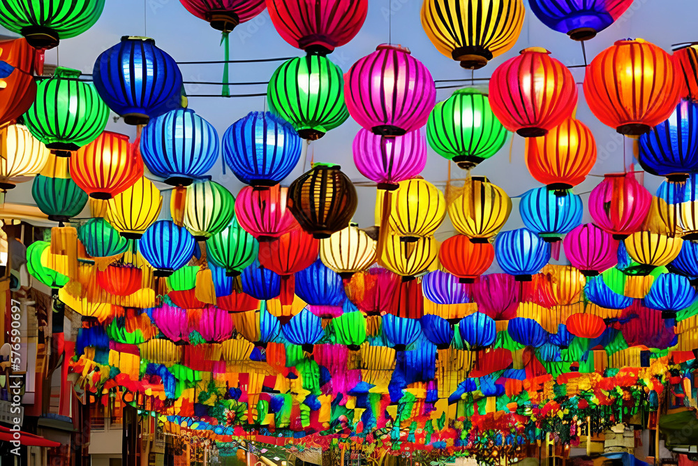 AI generated image of beautiful paper lanterns adorning the street during a festival