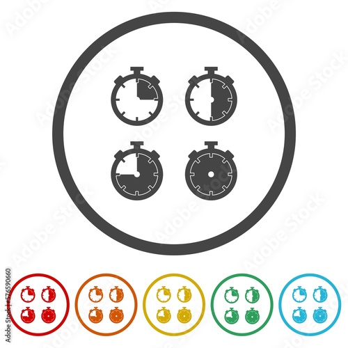 Set of Timer icons in color circle buttons