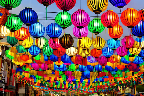 AI generated image of beautiful paper lanterns adorning the street during a festival