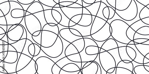 Chaotic artistic seamless pattern. Creative swirls, curved one line doodle drawing swirls elements. Ink pen freehand shapes line art. Vector design for fabric, textile print, wrapping, wallpaper