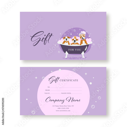 Gift voucher card template. Modern discount coupon or certificate layout for grooming salon. Vector illustration.	