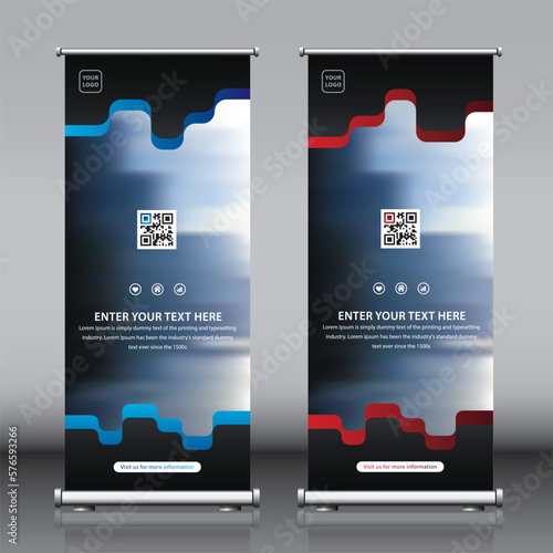 Roll up banner design with abstract patterns and image. Editable vertical template vector set, modern standee and flag banner