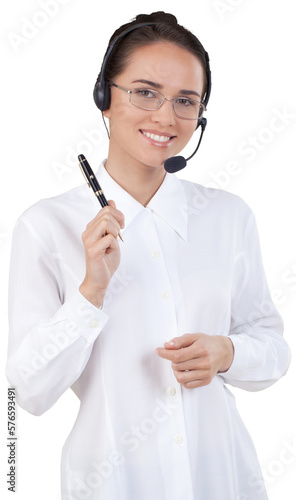 Close-up portrait of young businesswoman with headphones isolated on white background
