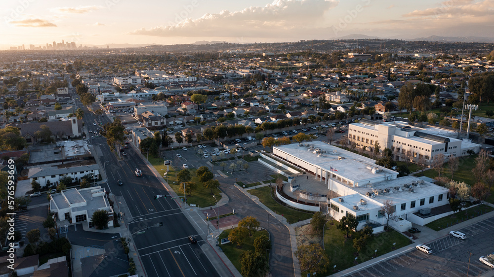 Montebello, California, USA - February 2, 2023: Sunlight  shines on the downtown Civic Center and City Hall of Montebello.