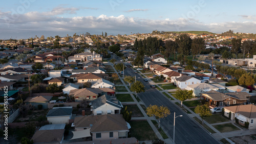 Sunset aerial view of dense suburban housing in Montebello, California, USA. photo